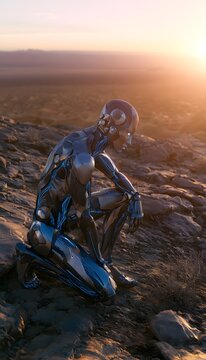Contemplative Cybernetic Figure Kneels Amidst a Vast Alien Desert at Golden Hour Sunset