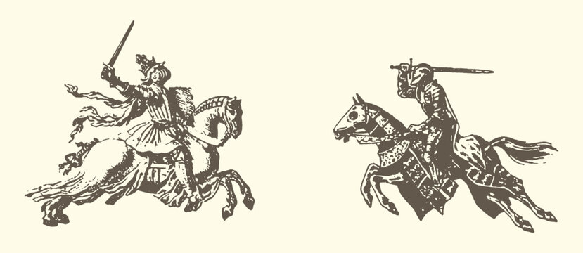 Two medieval knights on horseback engage in a jousting duel depicted in a dynamic vintage sketch style with swords raised line art jousting medieval horseback chivalry tournament charging