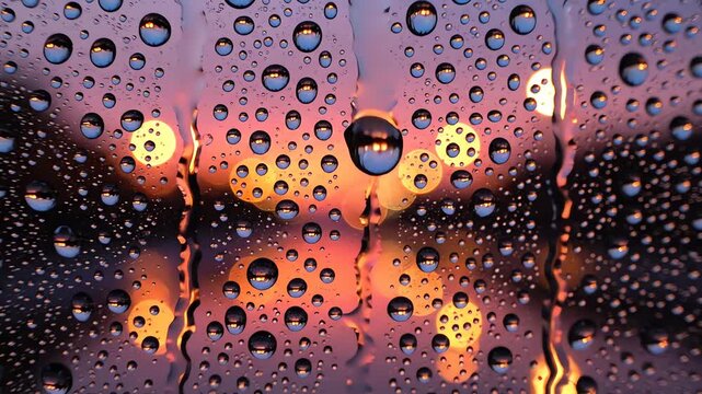 Rain droplets on window glass with city bokeh lights at night