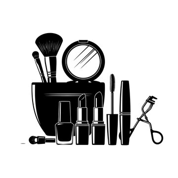 Collection of makeup products and tools for beauty and cosmetics.