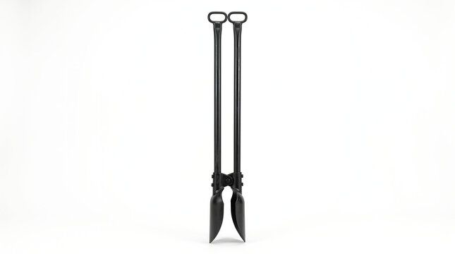 Sturdy black manual post hole digger tool against a pristine white background, designed for efficient and precise excavation in construction, landscaping, and gardening projects