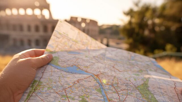 Exploring Travel Plans With a Map Near the Colosseum in Rome During Sunset Generative AI