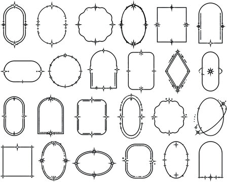 Minimalist linear frames with stars, modern aesthetic line y2k elements, decorative sparkle borders. Abstract boho style oval and arch shapes, outline minimal geometric frame with sparkles vector set