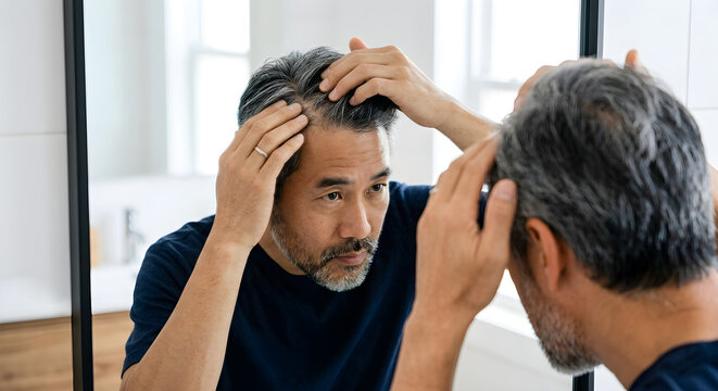 Adult Checking Hairline in Mirror for Hair Health &ndash; Selfcare, Grooming, Bathroom, Hair, Scalp, Health, Reflection, Concern, Lifestyle
