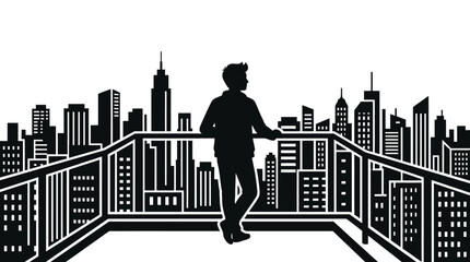 Man stands on a balcony looking out over a sprawling metropolitan skyline at sunset in this silhouette design. © yanto