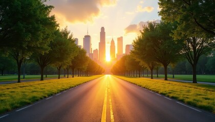 Obraz premium Empty road leads to city skyline at golden hour sunset. Lined trees flank pathway through green park. Urban landscape with modern skyscrapers and sun flare.