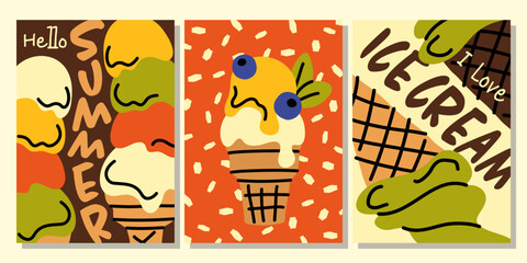 Obraz premium Creative summer posters with hand drawn ice cream scoops, waffle cones, and playful text. For summer promotions, cafe interior decor, greeting cards and party invitations