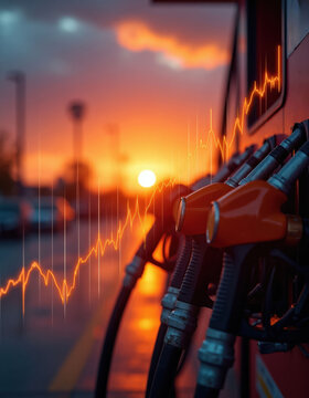 Gasoline pumps with rising price graph overlay during sunset. Fuel costs increase, impacting drivers and economy. Consumers face higher expenses for travel and goods.
