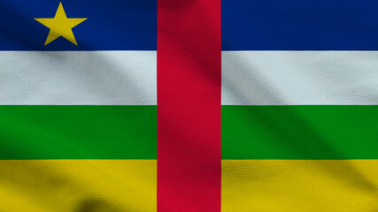 Obraz premium National flag of Central African Republic on wavy cloth. Features horizontal stripes with a vertical red bar and yellow star. Professional top-down shot for national themes and history.