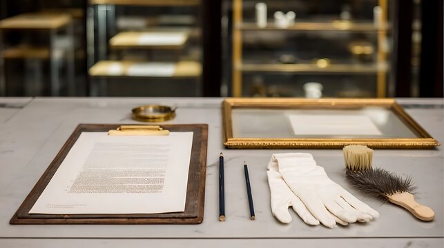 Collection of objects for documentation and preservation, including a clipboard with paper, pencils, white gloves, a brush, and a framed glass display on a table in a museum