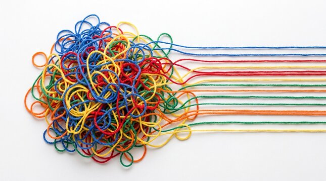 Messy tangled strings transforming into organized straight lines