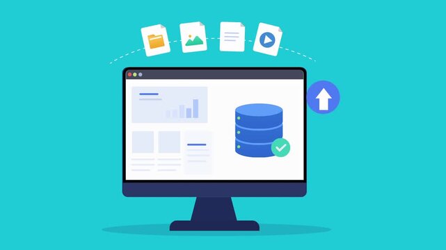 Animated flat dashboard interface featuring database storage elements, upload action icon, desktop monitor, and modern data management technology scene.