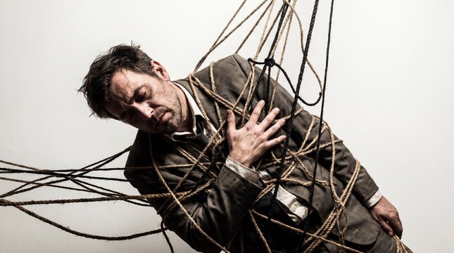 Exhausted businessman trapped inside giant tangled string web