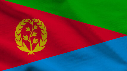 Fototapeta premium National flag of Eritrea on wavy cloth. Features green, red, and blue geometric sections with a gold wreath emblem. Professional top-down view for East African history and national holidays.