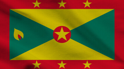 Fototapeta premium National flag of Grenada on wavy silk cloth. Features red, yellow, and green panels with gold stars and nutmeg symbol. Top-down view for Caribbean travel and independence day.
