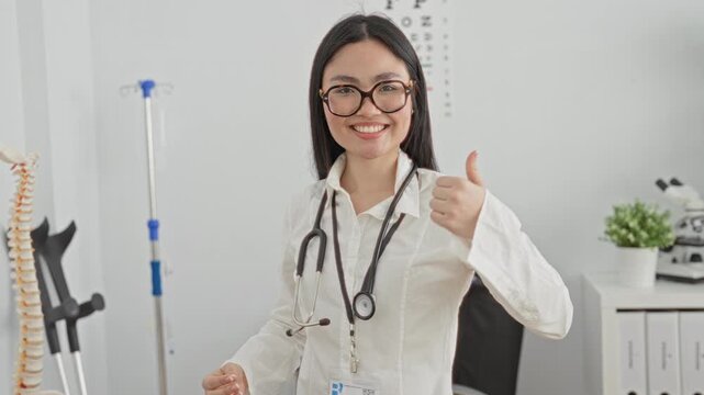 Woman doctor wearing stethoscope gives thumbs up showing id badge and bare hand beside eye chart and spine model in a clinic building; reassurance trust care.