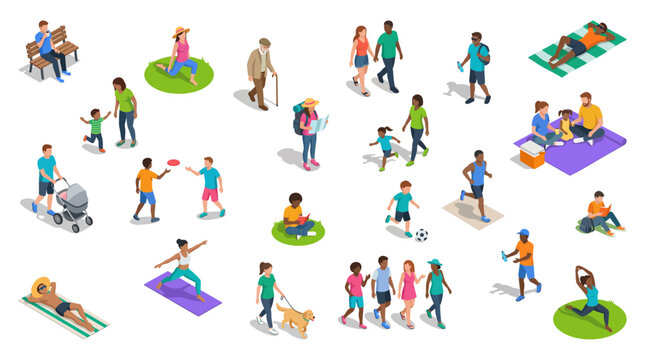 Isometric park visitors outdoors | Diverse group of people relaxing jogging dog walking exercising and doing summer activities vector illustration
