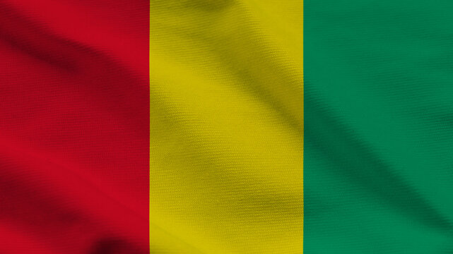 High-quality top-down view of the Guinea flag on wavy cloth. Features vertical red, yellow, and green bars. Ideal for West African news, history, and national events.