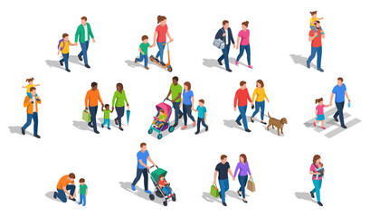 Isometric families walking outdoors | Diverse group of parents and children with strollers shopping bags and a dog vector illustration