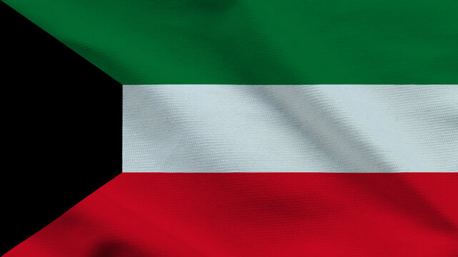 National flag of Kuwait on wavy cloth. Features horizontal green, white, and red bands with a black trapezoid. Professional top-down shot for national news and holidays.
