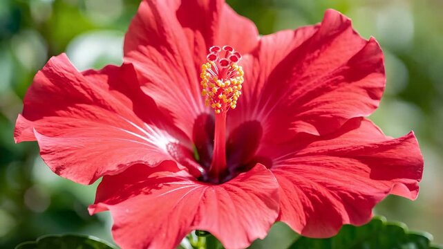 Vibrant Red Hibiscus Flower Blooming in Sunlight with Bud.