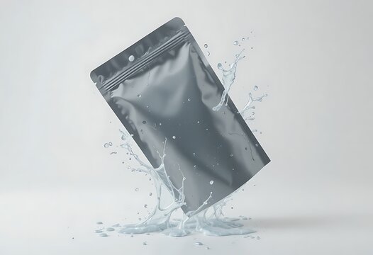 Leakproof packaging pouch with water splash, standing upright, on white background. leakproof packaging