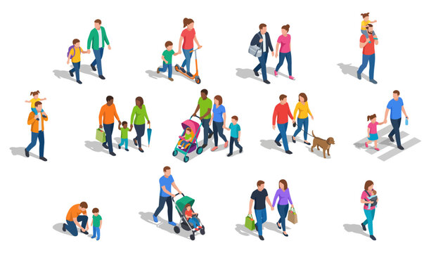 Isometric families walking outdoors | Diverse group of parents and children with strollers shopping bags and a dog vector illustration