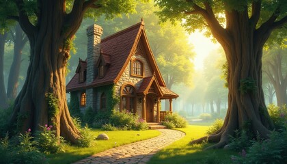 Fototapeta premium Cozy stone cottage with red roof nestled among large trees. Stone pathway leads to inviting wooden door. Rich green grass and vibrant flowers surround the fairytale home. Bright sunny day.