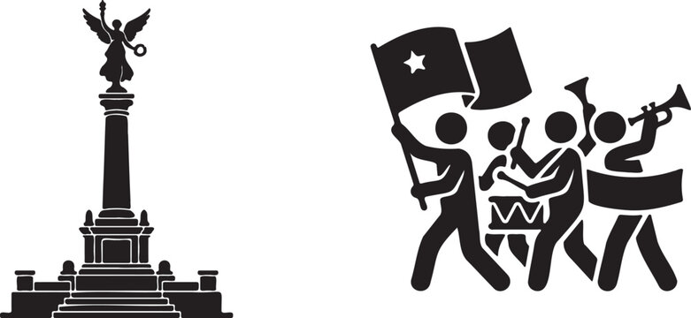 Black and white illustration of people protesting with flags and monument