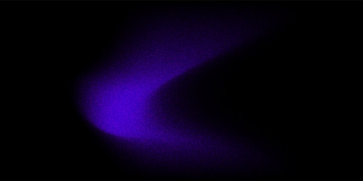 Purple and violet abstract neon light trails on a dark black background, creating a glowing cosmic comet effect with grainy textures