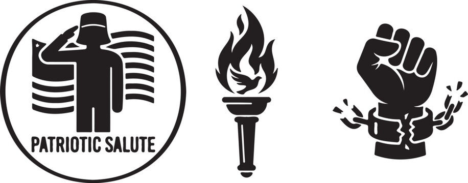 Patriotic salute icons with torch and breaking chains fist