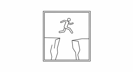 Fototapeta premium Stick figure jumping over a gap, symbolizing risk, challenge, and overcoming obstacles.