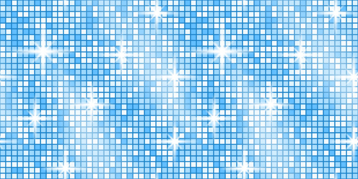 Disco blue sequin with background glitter texture and backdrop purple glam. Dance tile pattern with ball party seamless and mosaic retro sparkle. Floor vector disco with iridescent light