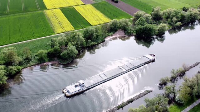 Drohne fliegt &uuml;ber Fluss mit Binnenschiff, Ufer mit Auwald und Agrarland, Luftaufnahme
