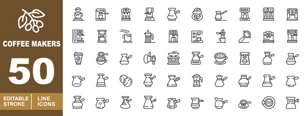 Coffee Makers Line Icon Set. Machine, espresso, cezve, brewer, grinder, moka, press, filter, kettle, carafe, dripper, cup, mug, beans, pouch, barista, latte, mocha, pot, glass, tool, device, gadget. © Catostd