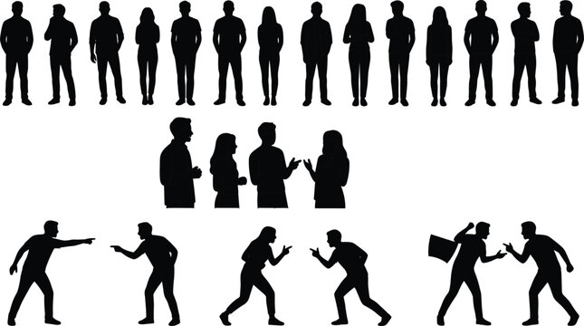 Silhouette vector illustration of people in different social interactions including standing in a line, chatting, and arguing