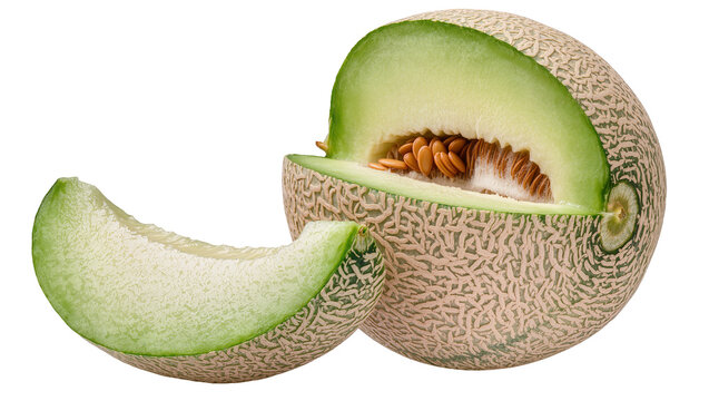 Cantaloupe melon half with slice and seeds
