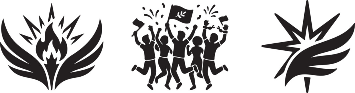 Black silhouettes of people celebrating with flags and abstract winged emblems