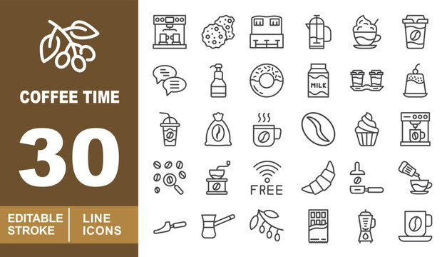 Coffee Time Line Icon Set. Machine, cookie, bean, press, cup, mug, takeaway, syrup, donut, milk, dessert, bag, cupcake, grinder, wifi, croissant, tamper, scoop, pot, branch, chocolate, blender.
