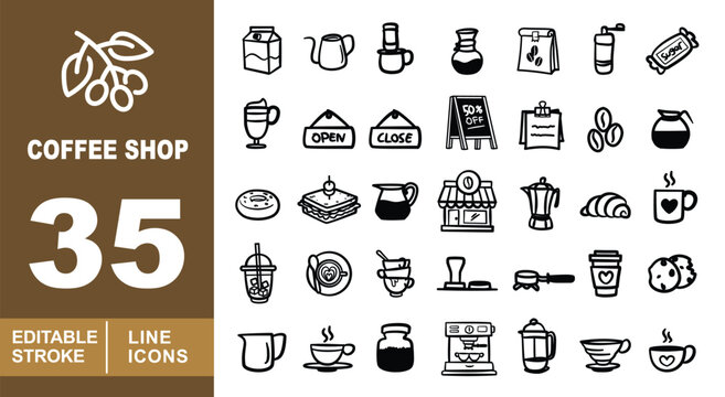 Coffee Shop Line Icon Set. Milk, Kettle, Dripper, Bag, Grinder, Sugar, Cup, Mug, Sign, Board, Menu, Beans, Pot, Donut, Sandwich, Cafe, Croissant, Portafilter, Tamper, Cookie, Machine, Press.
