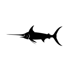 Naklejka premium Minimalist black silhouette of a marlin fish with elongated body and pointed bill against a white background emphasizing sleek