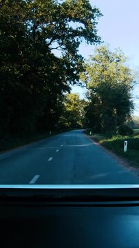 Driving on shaded road view from car dashboard
