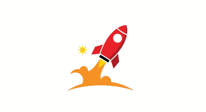 rocket ship illustration with orange flames flat vector design