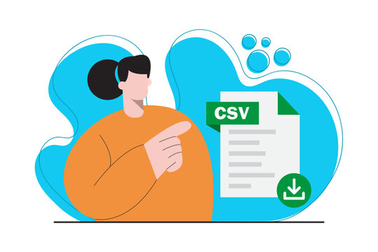 Flat vector illustration of a woman pointing at CSV file with download icon.
