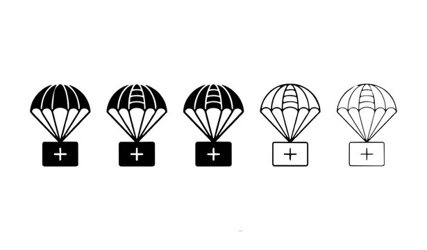 Parachute Delivery Icon Set Vector Illustration Minimalist Air Drop Shipping Box Symbols In Filled Solid Style And Various Outline Line Weights