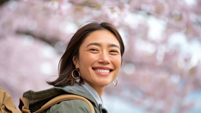 Enjoying Vacation in a Cherry Blossom Park While Planning Travel Activities Generative AI