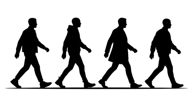 Four silhouetted men walking side by side in a straight line