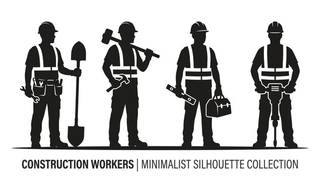 Construction workers in silhouette stand with tools on a site