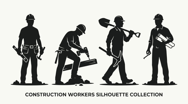 Construction workers in silhouette form various actions with tools on a site