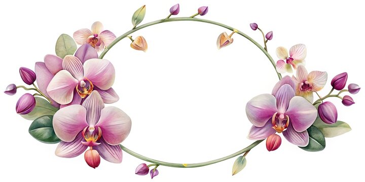 Pink orchid floral wreath on a neutral background - Elegant wreath made of pink orchids and green leaves arranged in a circular shape for decorative purposes.